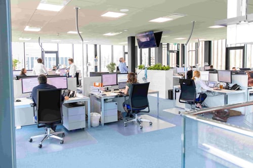 A wide shot of employees working in the office area of Sasma's headquarters