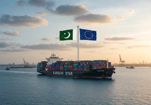A large boat full of shipping containers sails on the water. There is a flag pole with the EU and Pakistani flags on it coming out of the middle of the boat